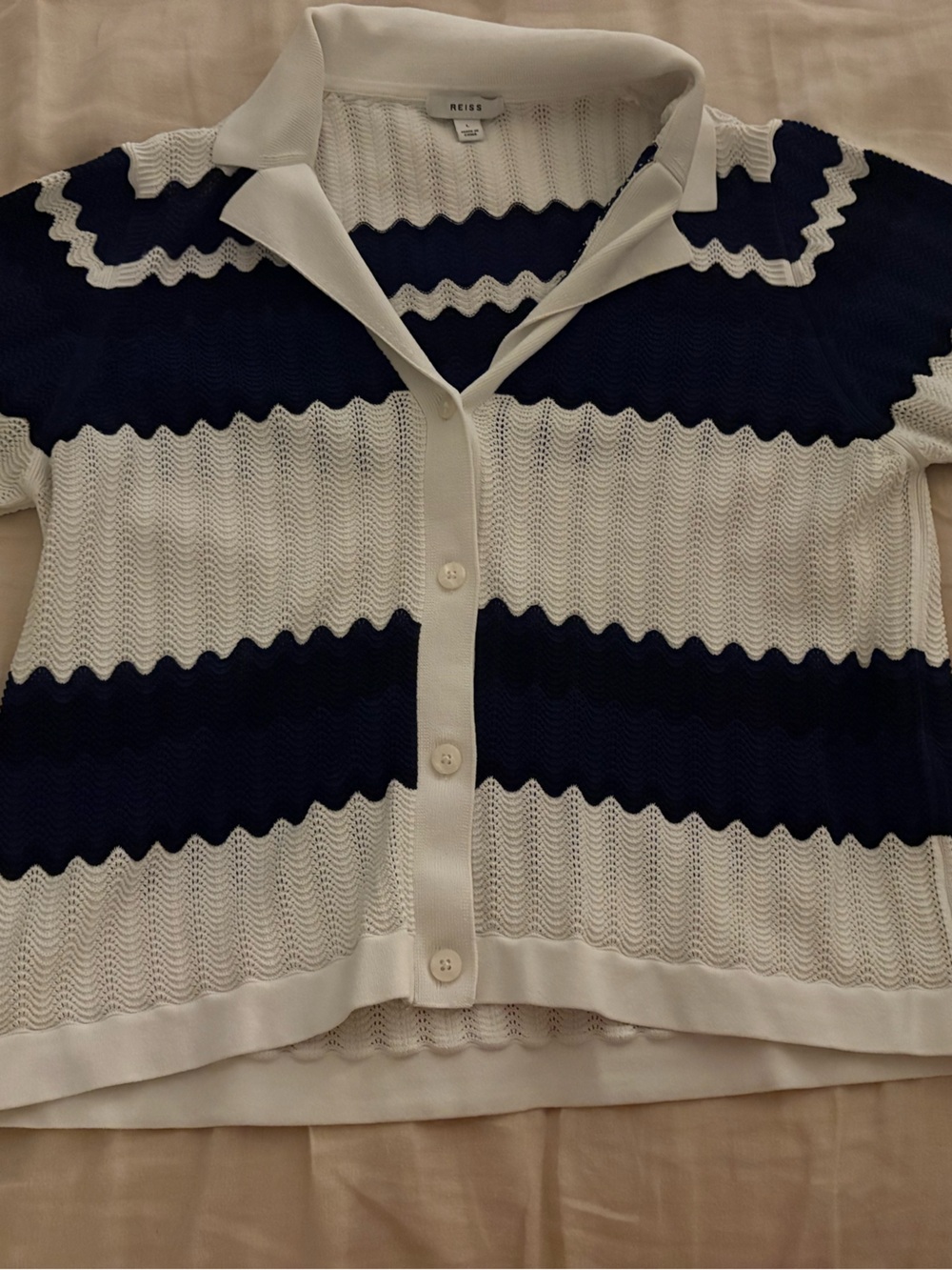 Reiss Navy and White Striped Polo-Style Knit Cardigan